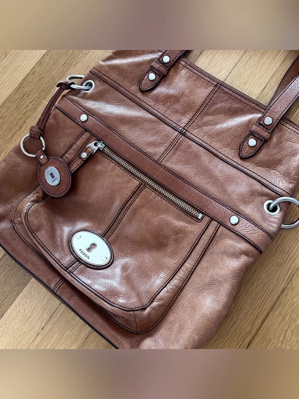FOSSIL Vintage Brown Leather Shoulder Bag Large Tote Purse Y2K Utility Slouchy